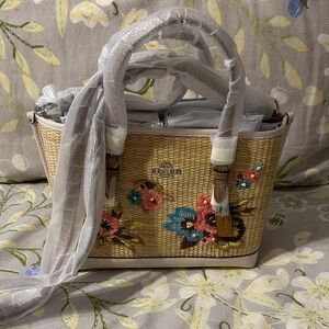 Coach Beige Floral Woven Satchel